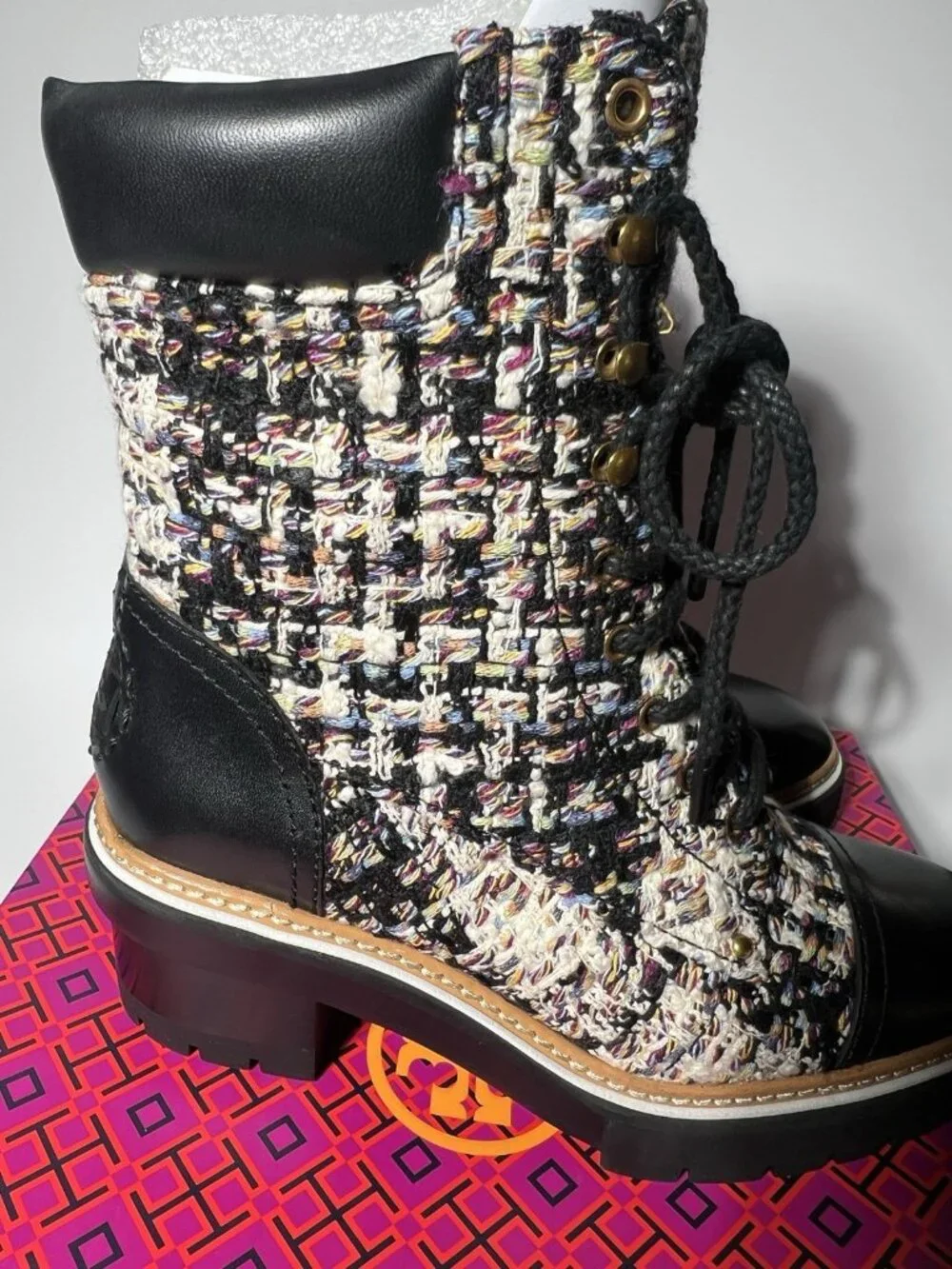Tory Burch Tweed Leather Lace-Up Ankle Boots Women’s 7.5 New in Box